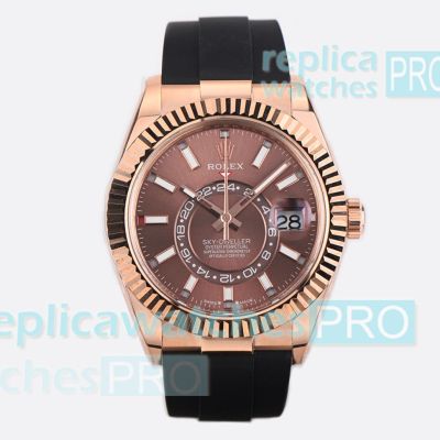 ES Factory Swiss Replica Rolex Sky-Dweller Rose Gold Case Brown Face Oysterflex Watch 